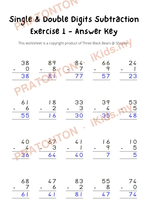 Pratonton muka 1 lembaran Single & Double Digits Subtraction — Matematik Tahun 1