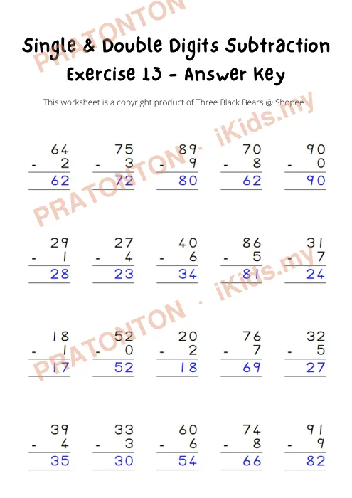 Pratonton muka 13 lembaran Single & Double Digits Subtraction — Matematik Tahun 1