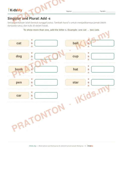 Pratonton muka 1 lembaran Singular and Plural: Add -s — Bahasa Inggeris Tahun 1