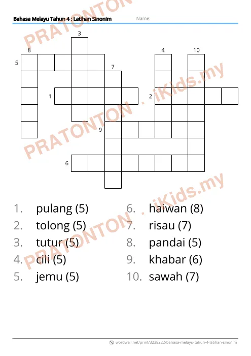 Pratonton muka 1 lembaran Sinonim Bahasa Melayu — Bahasa Melayu Tahun 4