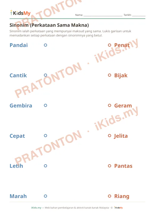 Pratonton muka 1 lembaran Sinonim (Perkataan Sama Makna) — Bahasa Melayu Tahun 2