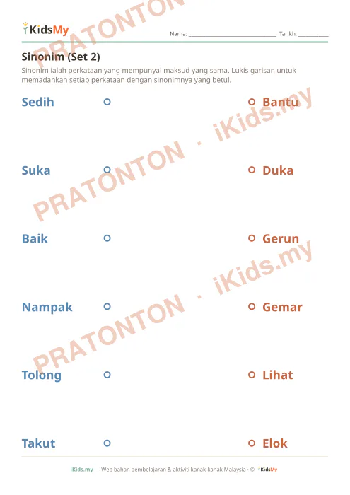 Pratonton muka 1 lembaran Sinonim (Set 2) — Bahasa Melayu Tahun 2