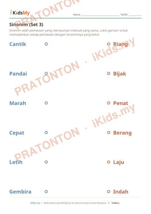 Pratonton muka 1 lembaran Sinonim (Set 3) — Bahasa Melayu Tahun 2