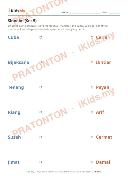 Pratonton muka 1 lembaran Sinonim (Set 5) — Bahasa Melayu Tahun 3