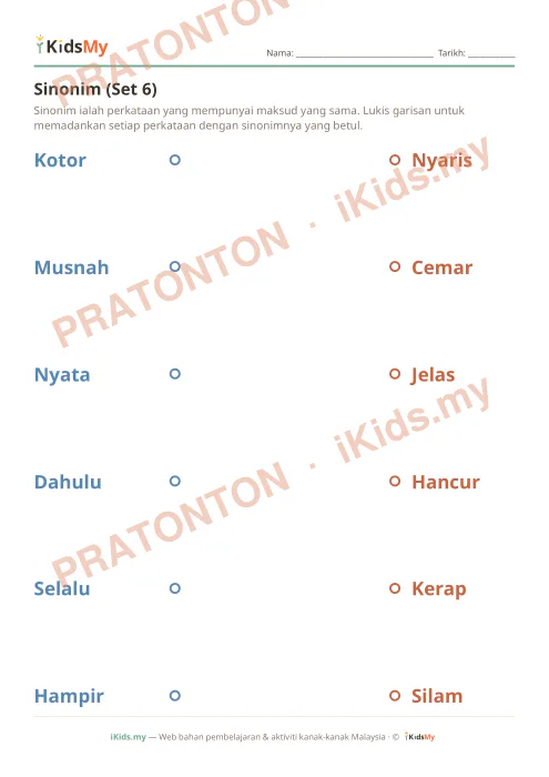 Pratonton muka 1 lembaran Sinonim (Set 6) — Bahasa Melayu Tahun 3