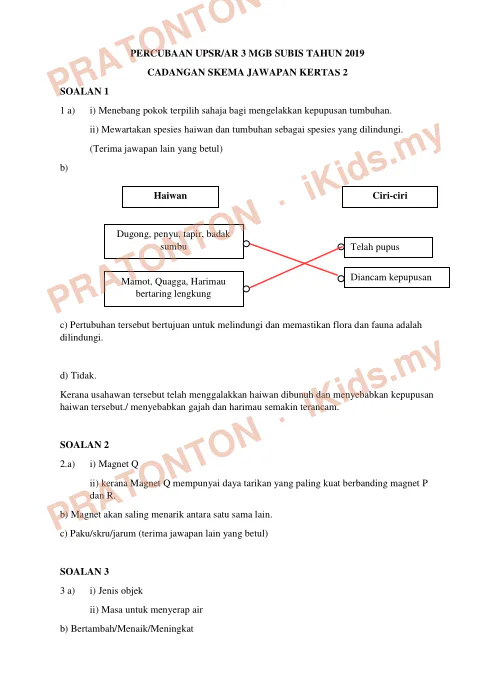 Pratonton muka 1 lembaran Skema Jawapan AR 3 2019 MGB Subis — Sains Kertas 2 — Sains Tahun 6