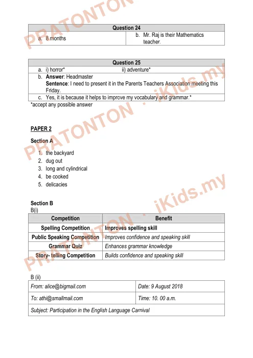 Pratonton muka 2 lembaran Skema Jawapan AR 3 PPD Baram — Bahasa Inggeris — Bahasa Inggeris Tahun 6