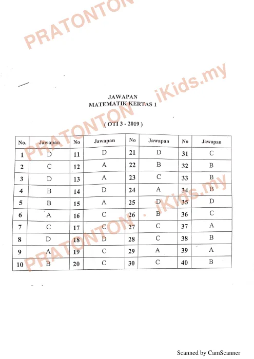 Pratonton muka 1 lembaran Skema Jawapan Matematik Kertas 1 — Ujian OTI 3 2019 — Matematik Tahun 6