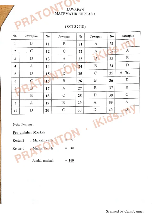 Pratonton muka 1 lembaran Skema Jawapan Matematik Kertas 1 — Ujian OTI 3 Selangor 2018 — Matematik Tahun 6