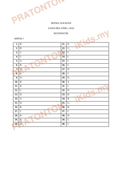 Pratonton muka 1 lembaran Skema Jawapan Matematik Kertas 1 — Ujian Pra UPSR 1 2016 — Matematik Tahun 6