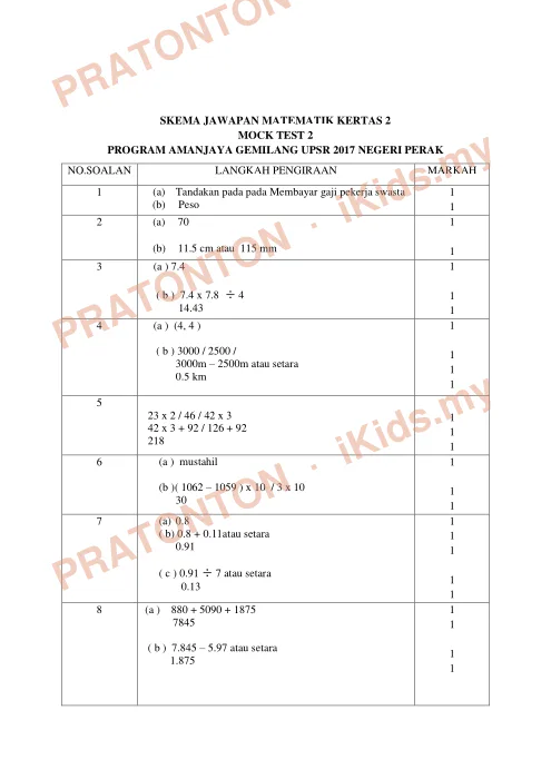 Pratonton muka 1 lembaran Skema Jawapan Matematik Kertas 2 — Mock Test 2 Perak 2017 — Matematik Tahun 6