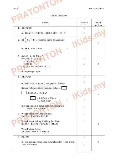 Pratonton muka 1 lembaran Skema Jawapan Matematik Kertas 2 — Pra UPSR 1/AR1 2016 — Matematik Tahun 6