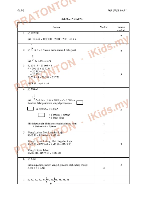 Pratonton muka 1 lembaran Skema Jawapan Matematik Kertas 2 — Pra UPSR 1/AR1 — Matematik Tahun 6