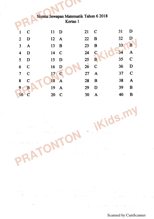 Pratonton muka 1 lembaran Skema Jawapan Matematik Tahun 6 2018 — Kertas 1 — Matematik Tahun 6