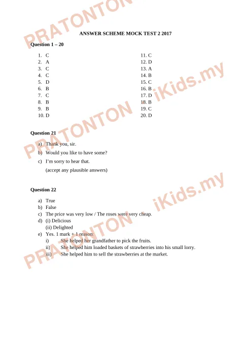 Pratonton muka 1 lembaran Skema Jawapan Mock Test 2 2017 — Bahasa Inggeris — Bahasa Inggeris Tahun 6