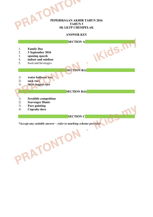 Pratonton muka 1 lembaran Skema Jawapan Peperiksaan Akhir Tahun 2016 — Bahasa Inggeris Penulisan — Bahasa Inggeris Tahun 5