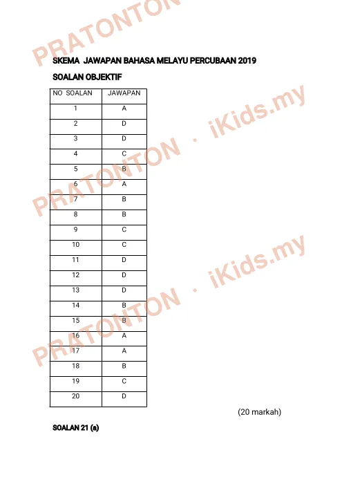 Pratonton muka 1 lembaran Skema Jawapan Percubaan 2019 — Bahasa Melayu Pemahaman — Bahasa Melayu Tahun 6