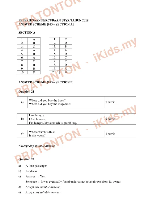 Pratonton muka 1 lembaran Skema Jawapan Percubaan UPSR 2018 — Bahasa Inggeris Pemahaman — Bahasa Inggeris Tahun 6