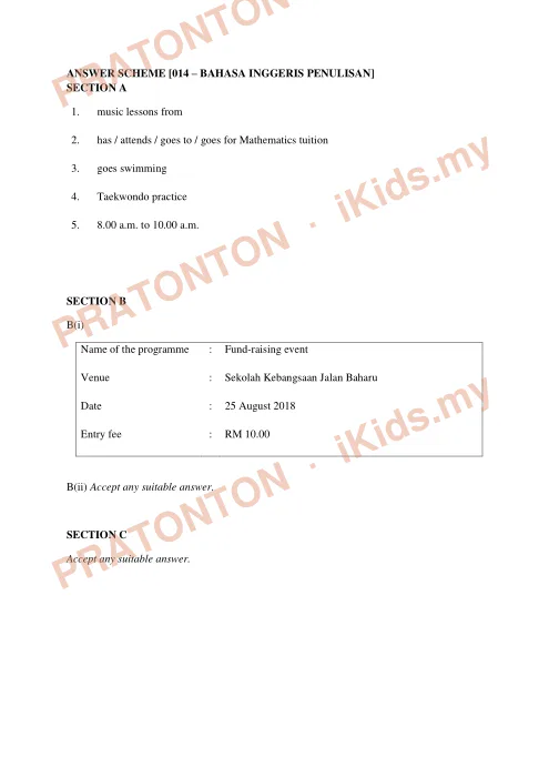 Pratonton muka 1 lembaran Skema Jawapan Percubaan UPSR 2018 — Bahasa Inggeris Penulisan — Bahasa Inggeris Tahun 6