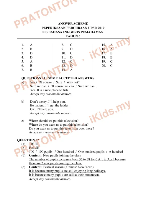 Pratonton muka 1 lembaran Skema Jawapan Percubaan UPSR 2019 — Bahasa Inggeris Pemahaman — Bahasa Inggeris Tahun 6