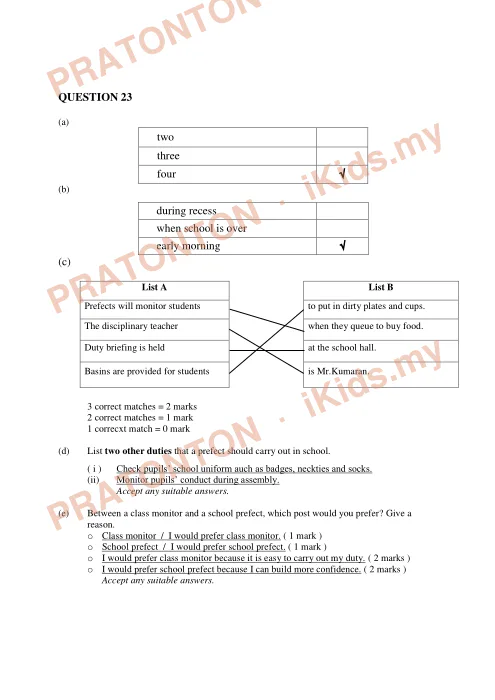 Pratonton muka 2 lembaran Skema Jawapan Percubaan UPSR 2019 — Bahasa Inggeris Pemahaman — Bahasa Inggeris Tahun 6