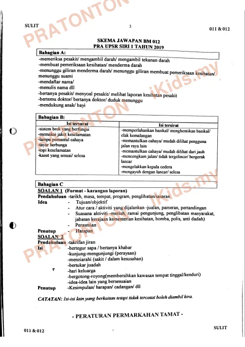 Pratonton muka 2 lembaran Skema Jawapan Pra UPSR 1 2019 Negeri Sembilan — Bahasa Melayu — Bahasa Melayu Tahun 6
