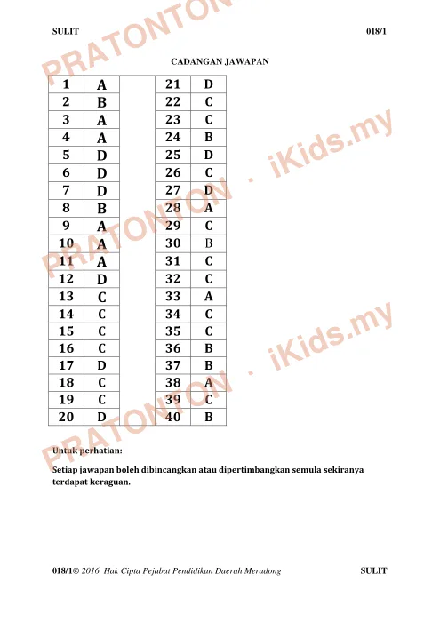 Pratonton muka 1 lembaran Skema Jawapan Sains Kertas 1 — Cadangan Jawapan — Sains Tahun 6
