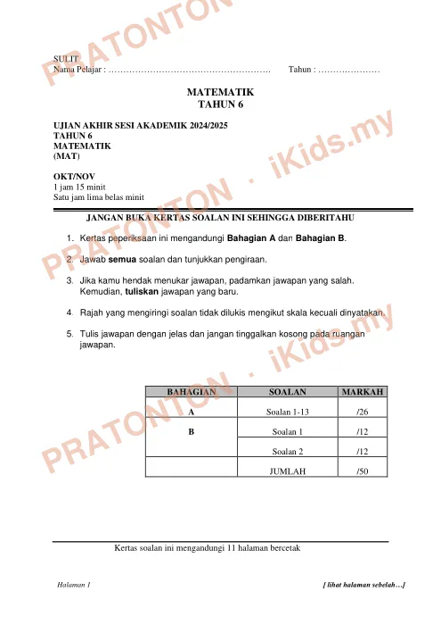 Pratonton muka 1 lembaran Skema Jawapan UASA Matematik Tahun 6 2024/2025 (Set 2) — Matematik Tahun 6