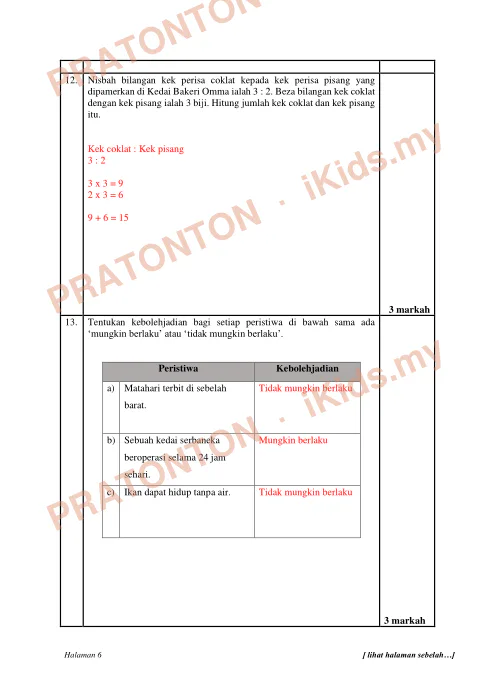 Pratonton muka 6 lembaran Skema Jawapan UASA Matematik Tahun 6 2024/2025 (Set 2) — Matematik Tahun 6