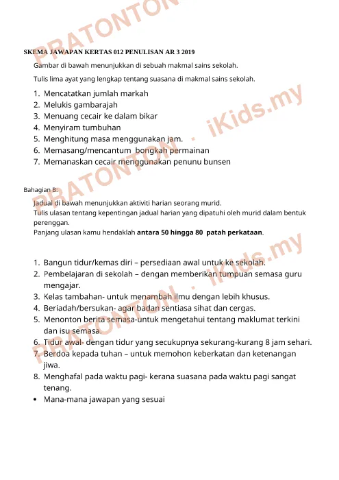 Pratonton muka 1 lembaran Skema Jawapan Ujian AR 3 2019 — Bahasa Melayu Penulisan — Bahasa Melayu Tahun 6
