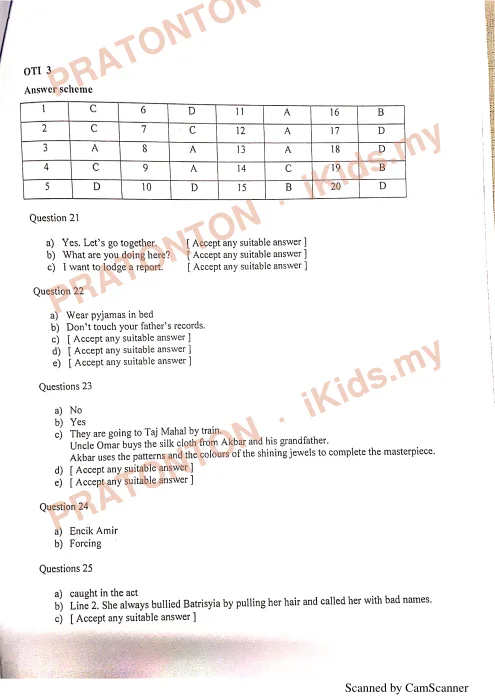 Pratonton muka 1 lembaran Skema Jawapan Ujian OTI 3 2019 — Bahasa Inggeris — Bahasa Inggeris Tahun 6