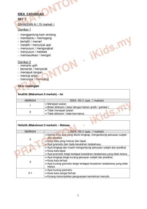 Pratonton muka 1 lembaran Skema Jawapan Ujian Percubaan 2018 — Bahasa Melayu Penulisan — Bahasa Melayu Tahun 6