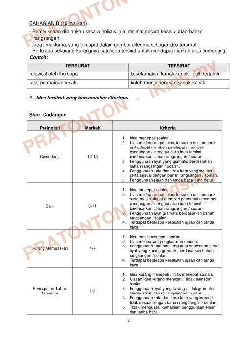 Pratonton muka 2 lembaran Skema Jawapan Ujian Percubaan 2018 — Bahasa Melayu Penulisan — Bahasa Melayu Tahun 6