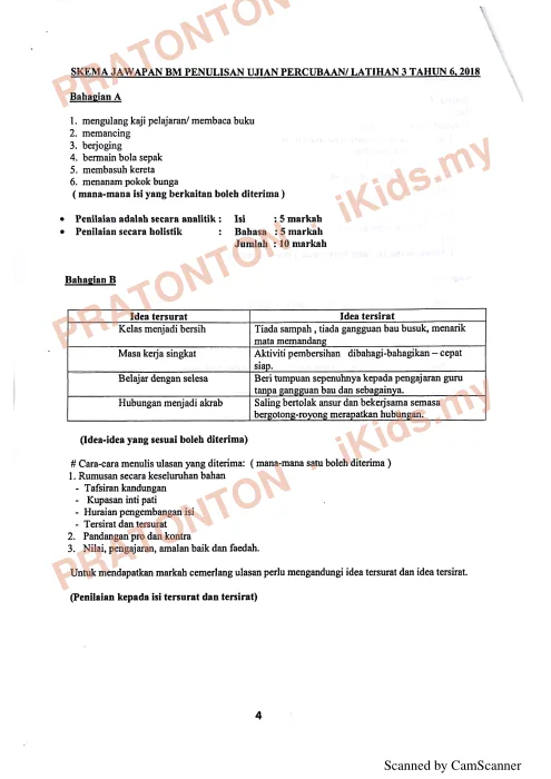 Pratonton muka 1 lembaran Skema Jawapan Ujian Percubaan Tahun 6 2018 — Bahasa Melayu Penulisan — Bahasa Melayu Tahun 6
