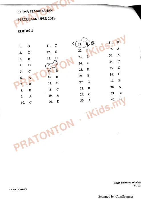 Pratonton muka 1 lembaran Skema Pemarkahan Matematik Kertas 1 — Percubaan UPSR 2018 — Matematik Tahun 6