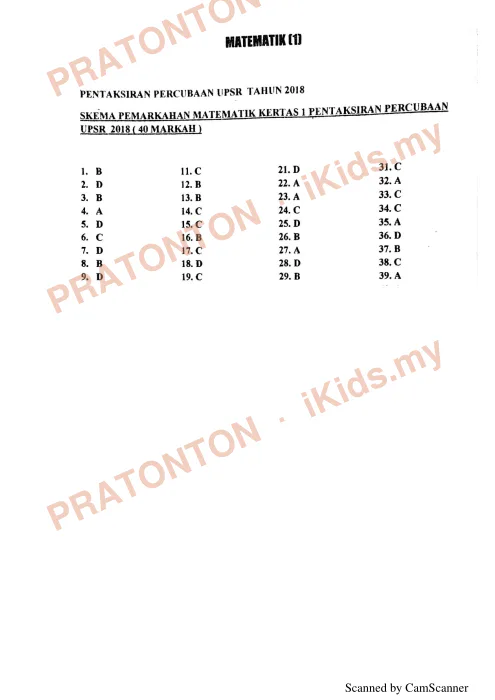 Pratonton muka 1 lembaran Skema Pemarkahan Matematik Kertas 1 — Percubaan UPSR Negeri Sembilan 2018 — Matematik Tahun 6