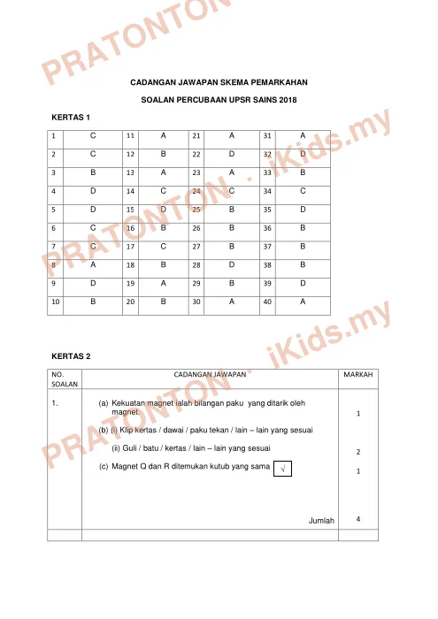 Pratonton muka 1 lembaran Skema Pemarkahan Percubaan UPSR 2018 — Sains — Sains Tahun 6