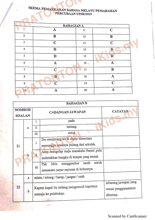 Pratonton muka 1 lembaran Skema Pemarkahan Percubaan UPSR 2019 — Bahasa Melayu Pemahaman — Bahasa Melayu Tahun 6