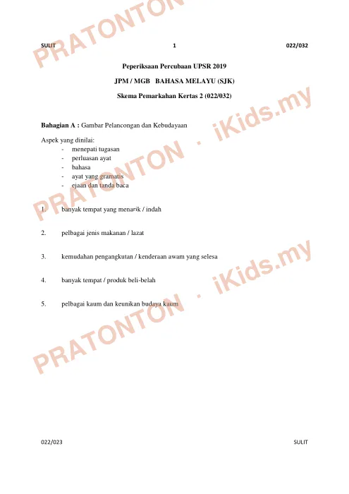 Pratonton muka 1 lembaran Skema Pemarkahan Percubaan UPSR 2019 — Bahasa Melayu Penulisan (SJK) — Bahasa Melayu Tahun 6
