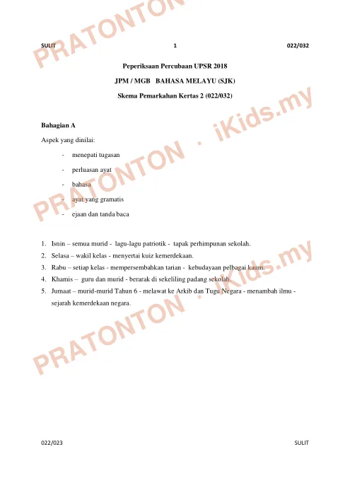Pratonton muka 1 lembaran Skema Pemarkahan Percubaan UPSR Kedah 2018 — Bahasa Melayu Penulisan (SJK) — Bahasa Melayu Tahun 6