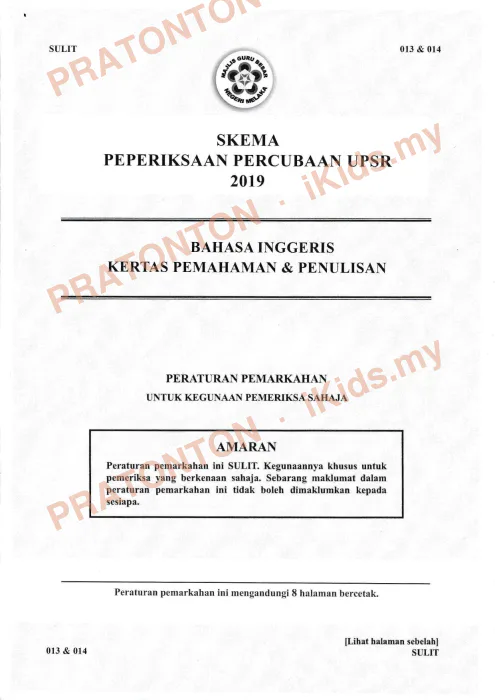 Pratonton muka 1 lembaran Skema Pemarkahan Percubaan UPSR Melaka 2019 — Bahasa Inggeris — Bahasa Inggeris Tahun 6