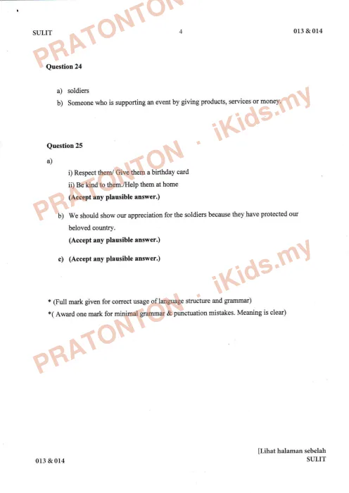 Pratonton muka 4 lembaran Skema Pemarkahan Percubaan UPSR Melaka 2019 — Bahasa Inggeris — Bahasa Inggeris Tahun 6