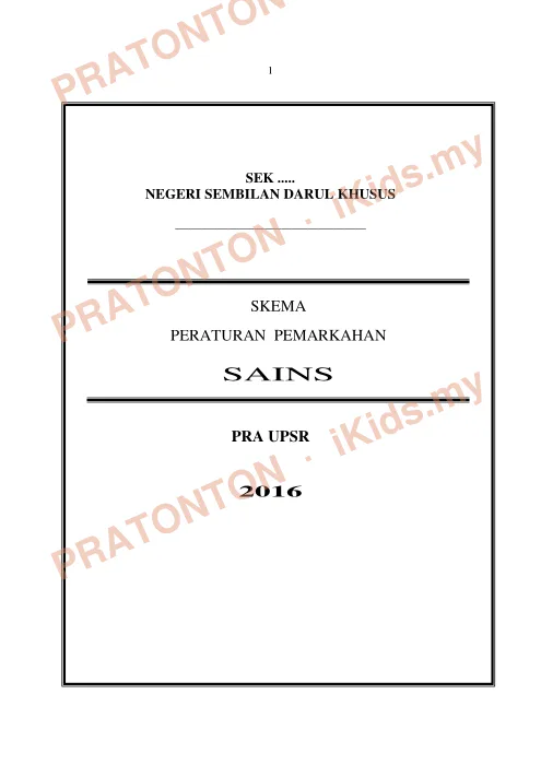 Pratonton muka 1 lembaran Skema Pemarkahan Sains — Negeri Sembilan — Sains Tahun 6