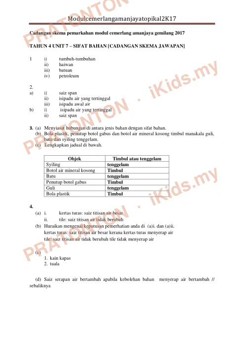 Pratonton muka 1 lembaran Skema Sains — Sains Tahun 4