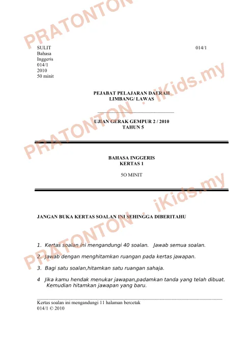 Pratonton muka 1 lembaran Soalan Bahasa Inggeris Tahun 5 — Pemahaman (014/1) — Bahasa Inggeris Tahun 5