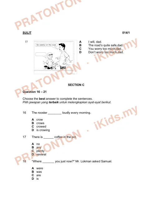 Pratonton muka 6 lembaran Soalan Bahasa Inggeris Tahun 5 — Pemahaman (014/1) — Bahasa Inggeris Tahun 5