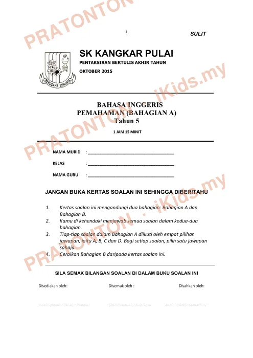Pratonton muka 1 lembaran Soalan Bahasa Inggeris Tahun 5 — Pemahaman SK Kangkar Pulai — Bahasa Inggeris Tahun 5