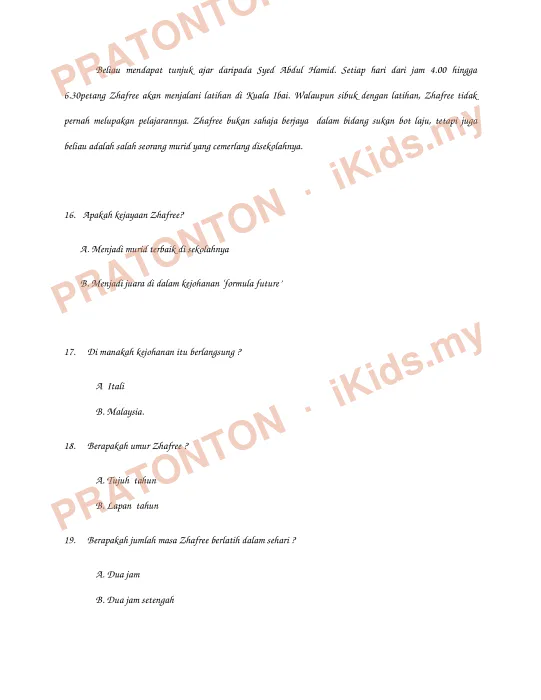 Pratonton muka 4 lembaran Soalan Bahasa Melayu — Bahasa Melayu Tahun 1