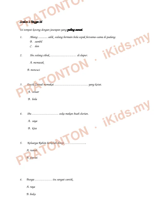 Pratonton muka 1 lembaran Soalan Bahasa Melayu — Bahasa Melayu Tahun 1