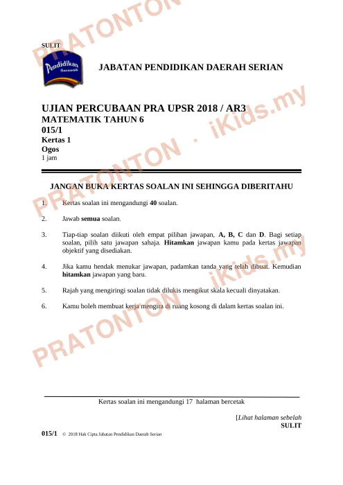 Pratonton muka 1 lembaran Soalan Exam Matematik UPSR — Matematik Tahun 6